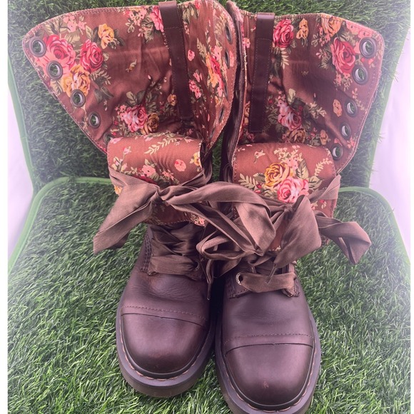 Dr. Martens Triumph Brown Leather Fold-Down Floral Combat Boots Women 8 EU 39 - Picture 5 of 16